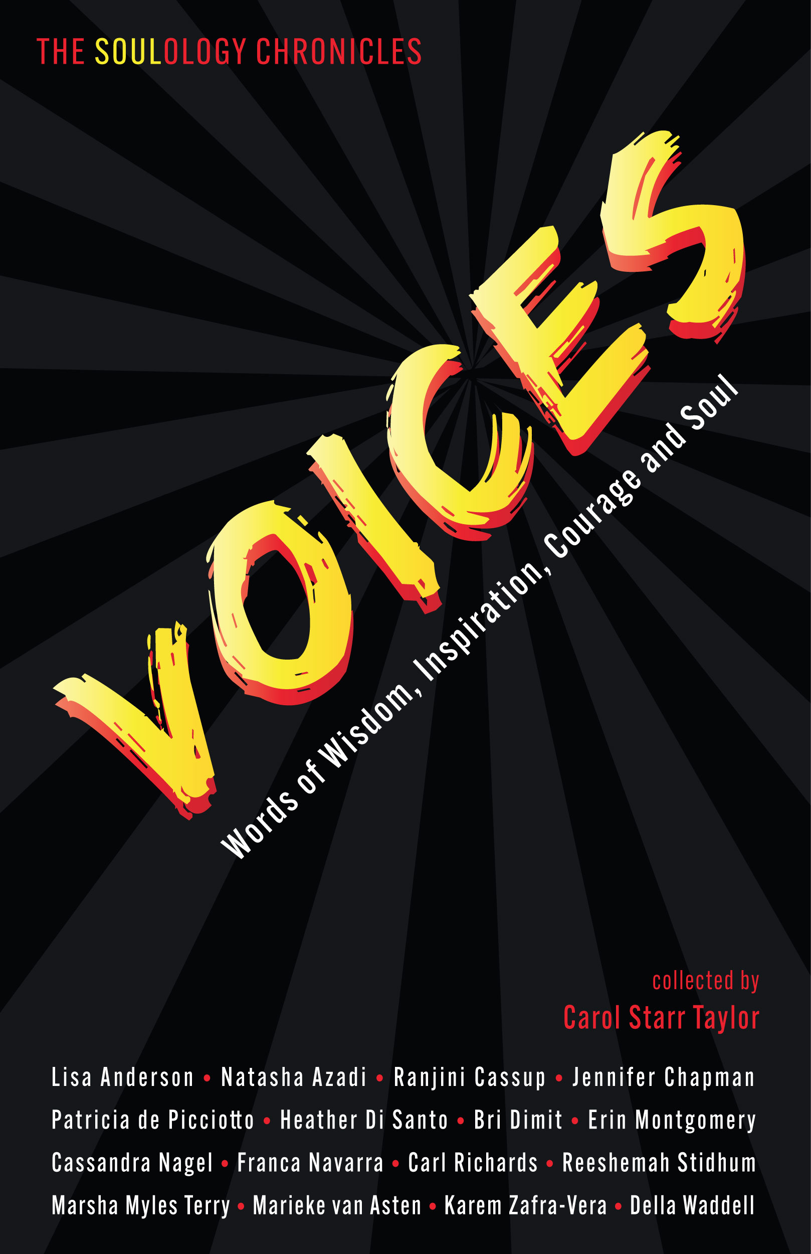 Voices Book cover, black background with Yellow text in diagonal